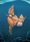 anthro beak big_breasts big_butt bikini blue_eyes breasts butt cleavage clothed clothing feathers feet female nude solo swimming swimwear tail toes two-piece_swimsuit underwater water halu avian absurd_res hi_res