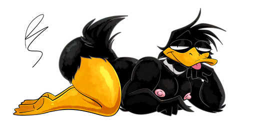 anthro beak black_body blep eyebrows looking_at_viewer lying lying_on_ground male nipples on_front on_ground pecs raised_eyebrow simple_background solo tongue tongue_out toony white_background platislut rocky_rakoon looney_tunes warner_brothers daffy_duck anatid anseriform avian bird duck 2:1 hi_res