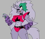 anthro arm_warmers armwear bottomwear bracelet breasts choker claws clothed clothing collar colored_nails crop_top ear_piercing facial_markings female fingers front_view fur green_claws green_hair green_highlights green_nails grey_body grey_ears grey_face grey_fur grey_hair grey_tail hair hand_behind_back head_markings highlights_(coloring) inner_ear_fluff jewelry looking_at_viewer machine makeup markings midriff multicolored_hair nails navel necklace one_eye_closed open_mouth pattern_armwear pattern_clothing piercing purple_clothing red_bottomwear red_clothing red_topwear shirt solo standing tail topwear tuft wink winking_at_viewer yellow_eyes aaaaaron122 five_nights_at_freddy's five_nights_at_freddy's:_security_breach scottgames steel_wool_studios roxanne_wolf animatronic canid canine canis mammal robot wolf 2024 digital_drawing_(artwork) digital_media_(artwork) portrait
