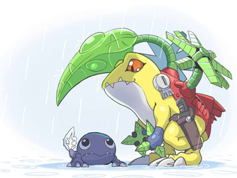 claws countershading duo knife_sheath leaf leaf_umbrella orange_eyes raining ripples sharp_teeth simple_background size_difference snaggle_teeth standing tail teeth toe_claws white_body white_countershading yellow_body king_of_fly bandai_namco digimon amphibian digimon_(species) frog frogmon otamamon 2019 4:3 digital_drawing_(artwork) digital_media_(artwork) full-length_portrait portrait