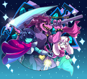 4_fingers ambiguous_gender ambiguous_human anthro armor axe battle_axe blue_hair blush breasts clothing female fingers fur group hair hair_over_eyes hat headgear headwear horn male medium_breasts melee_weapon muscular muscular_female non-mammal_breasts pink_eyes purple_hair scarf sword text trio weapon white_body white_fur wizard_hat yellow_sclera tomatostyles deltarune mythology undertale_(series) annoying_dog_(undertale) kris_dreemurr ralsei susie_(deltarune) boss_monster_(undertale) darkner dragon human lightner mammal mythological_creature mythological_scalie scalie 2021 artist_name digital_media_(artwork) hi_res