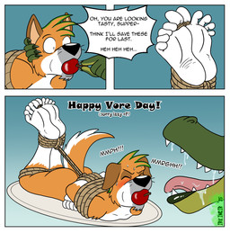 anthro apple apple_in_mouth bdsm bodily_fluids bondage bound dialogue drooling duo feet female food food_fetish food_play foot_focus fruit fur gagged_talk green_body green_scales hogtied imminent_vore male male/female nude orange_body orange_fur plant restraints rope rope_bondage saliva scales soles speech_bubble submissive submissive_male text toe_restraints toes toes_tied unwilling_prey white_body white_feet white_fur irkingir vore_day_2025 emera_(irkingir) izzy_(irkingir) alligator alligatorid canid canine canis crocodilian domestic_dog mammal reptile scalie shiba_inu spitz comic english_text hi_res