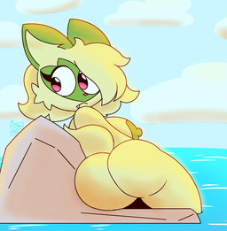 anthro beach big_breasts big_butt breasts butt eyelashes fangs female fur green_body green_fur green_nipples looking_at_viewer looking_back lying makeup nipples nude nude_anthro nude_female outside pseudo_hair rear_view red_eyes rock solo tail teeth thick_thighs water crystalstic nintendo pokemon liana_(crystalstic) generation_9_pokemon pokemon_(species) sprigatito 2025 digital_media_(artwork) hi_res