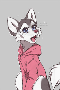 blue_eyes bottomless cheek_tuft clothed clothing eyelashes facial_tuft female feral fur grey_background grey_body grey_fur hoodie hoodie_only looking_away multicolored_body multicolored_fur open_mouth pink_clothing pink_hoodie pink_tongue pink_topwear red_nose simple_background snout solo tail tongue topwear topwear_only tuft two_tone_body two_tone_fur white_body white_fur azzai canid canine canis domestic_dog husky mammal nordic_sled_dog spitz 2020 cel_shading colored digital_drawing_(artwork) digital_media_(artwork) shaded simple_shading
