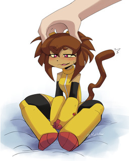 brown_body brown_eyebrows brown_hair brown_tail clothed clothed_female clothing extreme_size_difference eyebrow_through_hair eyebrows female hair head_massage massage micro purple_eyes size_difference solo tail toony translucent translucent_hair yellow_clothing yellow_sclera mottitax gameoverse glitch_productions kit_bodega animal_humanoid cat_humanoid felid felid_humanoid feline feline_humanoid humanoid mammal mammal_humanoid 2026 4:5 absurd_res hi_res