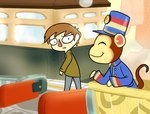 2_fingers anthro blue_clothing blue_coat blue_hat blue_headwear blue_topwear brown_body brown_fur brown_hair brown_nose brown_tail button_(fastener) closed_smile clothed clothed_anthro clothed_human clothed_male clothing coat conductor desk duo eyes_closed featureless_hands fingers floor fully_clothed fully_clothed_human fully_clothed_male fur furniture hair hat headgear headwear inside light looking_at_another male male_anthro male_human mouth_closed multicolored_body pink_inner_ear red_nose short_hair smile standing table tail tan_body tan_skin tile tile_floor topwear triangle_nose two_tone_body wall_(structure) window worried cookieboy011 animal_crossing nintendo porter_(animal_crossing) villager_(animal_crossing) haplorhine human mammal monkey primate 2019 colored digital_drawing_(artwork) digital_media_(artwork) english_description lighting shaded story story_in_description