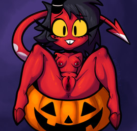 anus areola barbell_piercing black_eyes black_horn breasts choker eyelashes female grey_hair hair hooves horn jack-o'-lantern jewelry long_eyelashes looking_at_viewer mole_under_eye navel necklace nipple_dip nipple_piercing nipples piercing purple_background red_areola red_body red_nipples simple_background small_breasts solo spade_tail spread_legs spreading tail teeth thick_thighs tooth_gap wide_hips yellow_sclera mexicanjoe hellaverse helluva_boss millie_(helluva_boss) demon demon_humanoid horned_humanoid humanoid imp tailed_humanoid hi_res