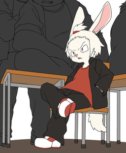 anthro black_bottomwear black_clothing black_jacket black_pants black_topwear bottomwear chair classroom clothed clothing crossed_legs desk fluffy fluffy_tail footwear front_view frown fully_clothed fur furniture group hair hand_in_jacket_pocket hand_in_pocket inside jacket kemono male multicolored_clothing multicolored_footwear multicolored_shoes on_chair on_desk open_mouth pants pink_nose pockets red_clothing red_eyes red_footwear red_shirt red_shoes red_topwear school school_uniform shirt shoes silhouette sitting sitting_on_chair size_difference solo_focus table tail topwear two_tone_clothing two_tone_footwear two_tone_shoes uniform white_body white_clothing white_footwear white_fur white_hair white_shoes white_tail wishbone_mouth young young_anthro young_male manmosu_marimo hooligan_rabbit_(marimo) lagomorph leporid mammal rabbit 2017 digital_media_(artwork)
