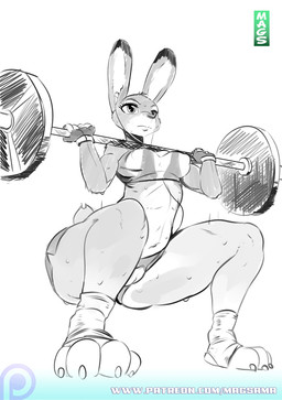 anthro athletic athletic_anthro athletic_female bodily_fluids bottomwear bra camel_toe clothed clothing exercise feet female fingerless_gloves foot_wraps gloves handwear navel nipple_outline patreon_logo shorts skimpy solo sports_bra sweat text underwear website_logo weightlifting workout wraps magsama disney patreon zootopia judy_hopps lagomorph leporid mammal rabbit 2016 partially_colored url