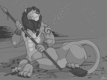 abs arm_markings holding_melee_weapon holding_object holding_polearm holding_spear holding_weapon looking_up male male_taur mane markings melee_weapon mouth_closed muscular muscular_male muscular_taur navel night outside pecs polearm side_view sky solo spear star stargazing starry_sky tail tail_tuft tuft weapon solaxe_(artist) felid lion mammal pantherine taur 4:3 digital_media_(artwork) greyscale monochrome signature