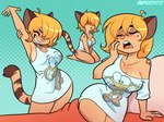 anthro arm_support bed big_breasts blep blonde_hair blue_eyes bottomless breasts cat_tail clothed clothing collarbone dotted_background eyebrow_through_hair eyebrows eyelashes eyes_closed female fur furniture glistening glistening_breasts hair hair_over_eyes kneeling long_tail markings mole_(marking) mole_on_breast mole_under_eye open_mouth pattern_background pillow print_clothing print_shirt print_t-shirt print_topwear shirt simple_background smile solo stretching t-shirt tail tan_body tan_fur tired tongue tongue_out topwear translucent translucent_hair yawn psicoyote cassandra_(psicoyote) domestic_cat felid feline felis mammal hi_res