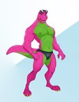 abstract_background anthro anthrofied black_clothing black_speedo black_swimwear claws clothed clothing eyewear eyewear_on_head green_body green_scales male muscular muscular_anthro muscular_male nipples non-mammal_nipples open_mouth pink_body pink_scales scales smile solo speedo sunglasses sunglasses_on_head swimwear topless colt3n barney_and_friends pbs barney_the_dinosaur dinosaur prehistoric_species reptile scalie theropod tyrannosaurid tyrannosauroid tyrannosaurus tyrannosaurus_rex digital_media_(artwork) hi_res shaded