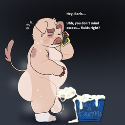 4_fingers after_orgasm anthro balls barefoot big_balls big_butt bodily_fluids bucket butt container cum cum_on_penis cum_overflow dialogue ears_down electronics erection eyebrows feet fingers genital_fluids genitals hair head_tuft holding_object holding_phone male musk nipples nude overweight overweight_anthro overweight_male penis phone phone_call pink_body pivoted_ears raised_eyebrow snout solo standing sweat tail teeth text thick_eyebrows toes tuft nutpillow pj_(nutpillow) domestic_pig mammal suid suine sus_(pig) 1:1 2026 english_text hi_res
