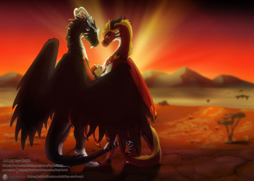 backlighting duo egg female feral light male mountain outside plant romantic romantic_couple sunset tail tail_coil tree icy-marth mythology dragon mythological_creature mythological_scalie scalie lighting
