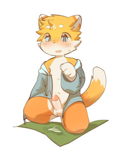 4_fingers anthro balls blue_eyes blush bodily_fluids bottomless clothed clothing cum cum_on_ground dipstick_tail erection eyebrows fingers foreskin fur genital_fluids genitals humanoid_genitalia humanoid_penis kemono kneeling looking_at_viewer male markings open_clothing open_mouth penis solo tail tail_markings tan_body tan_fur white_eyebrows young young_male jidebuxiao domestic_cat felid feline felis mammal colored digital_drawing_(artwork) digital_media_(artwork) hi_res shaded