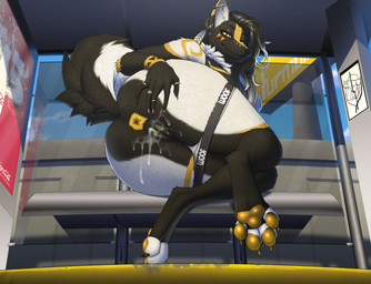 anthro anus bench big_butt biped black_body black_fur black_hair black_vulva blush bodily_fluids breasts bus_stop butt clothed clothing cum cum_in_vagina cum_inside ear_piercing facial_piercing fangs feathers female fur furgonomic_piercing furgonomics genital_fluids genitals glass hair humanoid_genitalia humanoid_vulva industrial_piercing looking_at_viewer looking_down low-angle_view map monotone_anus multicolored_body multicolored_fur multicolored_hair multicolored_vulva muzzle_piercing neck_tuft nose_piercing nude outside panties panties_down partially_clothed pawpads piercing presenting presenting_anus public ring smile solo spreading tail teeth text tuft two_tone_vulva underwear underwear_down vulva white_body white_fur white_hair yellow_anus yellow_vulva nnecgrau coca-cola zaccai canid canine canis fox hybrid mammal wolf 2019 english_text hi_res