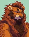 anthro beard brown_body brown_fur brown_hair brown_mane facial_hair fur green_background hair male mane nude orange_body orange_fur outline simple_background smile solo whiskers l-i-t-t-l-e_f-i-r-e felid lion mammal pantherine bust_portrait cel_shading portrait shaded