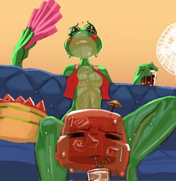 anthro blush bow_tie bow_tie_only breasts cake dessert drinking_straw duo eyes_closed fanning fanning_self featureless_breasts female food frown furniture furrowed_eyebrows green_body hand_fan head_between_thighs ice ice_cube low-angle_view mostly_nude on_sofa parasol red_body red_slime rotary_fan sipping sitting sitting_on_sofa sofa spread_arms spread_legs spreading suffering sweating_profusely teeth undone_tie sloum glitch_productions the_amazing_digital_circus ribbit_(tadc) amphibian frog slime_(blob) 2026 character_request digital_media_(artwork) digital_painting_(artwork) hi_res painting_(artwork)