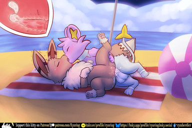 animal_genitalia ball balls beach beach_ball beach_towel beach_umbrella blush bodily_fluids brown_body brown_fur cum cum_in_uterus cum_in_vagina cum_inside cum_splatter cumshot duo ejaculation erection feline_genitalia female female_penetrated feral french_kissing fur genital_fluids genitals holding_leg inflatable internal internal_vaginal kissing lying male male/female male_penetrating male_penetrating_female on_back on_side open_mouth orgasm outside outside_sex parasol pattern_towel pawpads paws penetration penile penile_penetration penile_spines penis penis_in_vagina pink_body pink_fur sand seaside sex sex_on_the_beach shaking striped_towel stripes tail text tongue tongue_out towel trembling tuft uterus vaginal vaginal_canal vaginal_fluids vaginal_penetration vulva water rymherdier nintendo pokemon angel_the_eevee kiseki_(asleepycat3654) eevee felid generation_1_pokemon generation_4_pokemon mammal pokemon_(species) shinx artist_name digital_media_(artwork) english_text hi_res url