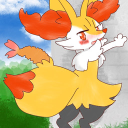 against_surface against_wall ambiguous_anthro ambiguous_gender anthro biped blush blushing_profusely cloud detailed_background dipstick_tail food leaning leaning_forward looking_at_viewer looking_back looking_back_at_viewer markings object_in_tail outside plant quadruped rear_view shrimp_(food) sky snout solo standing tail tail_markings tree annyui0611 nintendo pokemon braixen canid generation_6_pokemon mammal pokemon_(species) 1:1 2022 digital_drawing_(artwork) digital_media_(artwork) japanese_description portrait three-quarter_portrait translated_description