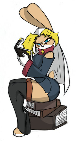 5_fingers anthro blonde_hair blue_eyes book clothing eyewear female fingers glasses hair humanoid_hands looking_at_viewer nun nun_outfit rectangular_glasses simple_background sitting small_waist solo thick_thighs tight_clothing white_background wide_hips pace-maker nun_bun_with_guns full-length_portrait portrait