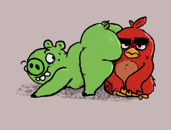anthro ass_up beak big_butt black_eyes bodily_fluids butt butt_on_face curled_tail duo feathers front_view green_body green_ears green_nose green_tail grey_background hair half-closed_eyes looking_at_another looking_back male male/male multicolored_body multicolored_feathers narrowed_eyes orange_beak red_body red_feather_hair red_feathers red_hair simple_background sitting smile sweat tail teeth thick_thighs two_tone_body two_tone_feathers horny_bunjester angry_birds rovio_entertainment sega the_angry_birds_movie red_(angry_birds) avian bird cardinal_(bird) domestic_pig mammal oscine passerine pig_(angry_birds) suid suine sus_(pig) 2026 digital_media_(artwork)