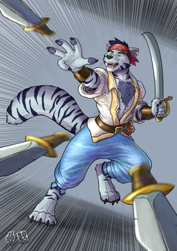 action_pose anthro barefoot belt blue_bottomwear blue_clothing blue_eyes blue_hair blue_pants blue_stripes body_hair bottomwear brown_belt chest_hair claws clothed clothing ear_piercing ear_ring fangs feet front_view fur glistening glistening_eyes grey_body grey_claws grey_fur hair holding_melee_weapon holding_object holding_sword holding_weapon kerchief male male_anthro markings melee_weapon open_clothing open_mouth open_topwear pants piercing pose ring_piercing simple_background solo striped_markings striped_tail stripes sword tail tail_markings teeth throwing_knife topwear weapon whiskers white_body white_clothing white_fur white_topwear hufnaar ren_the_white_tiger canid canine canis felid hybrid mammal pantherine tiger wolf hi_res
