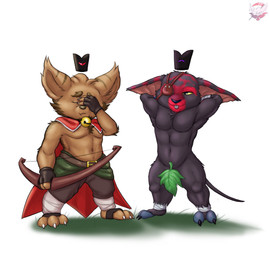 2_toes 3_toes 4_fingers anthro bell bell_collar biped black_crown blue_clothing bow_(weapon) brown_body brown_fur cape chest_tuft clothed clothing collar crown duo eye_patch eyewear facepalm feet fig_leaf fingerless_gloves fingers floating_crown fur gloves hands_behind_head handwear headgear leaf leaf_on_crotch looking_at_another looking_at_viewer male male_anthro melee_weapon modesty_leaf nipples ranged_weapon red_cape red_clothing sword toes topless tuft weapon yellow_sclera fennephilim_fox biomutant cult_of_the_lamb league_of_legends massive_monster_(studio) riot_games tencent mammal primal_(biomutant) yordle hi_res