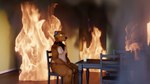 anthro burning_building chair coffee_mug electronics fire furniture headphones inside male nude sitting solo table yellow_eyes torturedtorchic this_is_fine bearphones bear brown_bear grizzly_bear mammal ursine 16:9 2023 3d_(artwork) digital_media_(artwork) hi_res widescreen