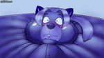 anthro blue_body blue_fur blue_hair blueberry_inflation blush body_inflation cheek_bulge clothed clothing facial_hair fur hair inflation male ponytail solo wide_eyed zamo thoron canid canine fox mammal 16:9 absurd_res headshot_portrait hi_res portrait widescreen