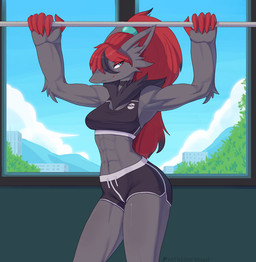 abs anthro anthrofied athletic athletic_anthro athletic_female biped black_bottomwear black_bra black_clothing black_shorts black_underwear blue_eyes bottomwear bra breasts building claws clothed clothed_anthro clothed_female clothing cloud day dolphin_shorts female finger_claws hair hotpants humanoid_hands inside leaf long_hair medium_breasts muscular muscular_anthro muscular_female navel pokemorph red_hair shorts sky smile solo sports_bra standing text thick_thighs underwear window vinael nintendo pokemon generation_5_pokemon pokemon_(species) zoroark 2024 alternate_version_at_paywall artist_name colored