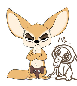 3_toes angry annoyed anthro bodily_fluids claws clothed clothing crossed_arms duo feet fur male multicolored_body multicolored_fur simple_background standing tan_body tan_fur tears thong toes topless two_tone_body two_tone_fur underwear white_background manmosu_marimo disney zootopia finnick_(zootopia) canid canine fennec_fox fox mammal true_fox 2015 2016 digital_media_(artwork) flat_colors