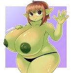 :> big_breasts black_clothing black_eyes black_panties black_underwear border breasts clothing curvy_figure eyelashes female gesture glistening glistening_body green_body green_nipples green_skin huge_breasts humanoid_pointy_ears looking_at_viewer nipples outline panties pointy_ears pupils purple_background red_pupils salute simple_background solo thick_thighs underwear voluptuous white_border white_outline wide_hips imkahim lei_(20pesos_sopa) goblin humanoid 1:1 absurd_res hi_res