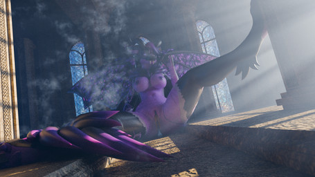 anthro arm_tuft boss_fight breasts cheek_tuft claws digestion_implied dominant dominant_anthro dominant_female duo elbow_tuft facial_tuft fangs female fog genitals glowing glowing_eyes hair horn humanoid_genitalia humanoid_penis humanoid_vulva implied_fatal implied_permanent larger_female light light_beam looking_at_viewer male male/female melee_weapon neck_tuft nipples nude one_eye_closed penis picking_teeth pillar purple_body purple_eyes purple_hair purple_nipples raised_leg size_difference smaller_male spread_wings stained_glass submissive submissive_male sword tail teeth tuft unbirthing vaginal vore vulva weapon wings wink retro_raptor foxipaws_(modeler) mythology jace_rodyn dragon human mammal mythological_creature mythological_scalie scalie 16:9 3d_(artwork) blender_(artwork) blender_cycles_(artwork) digital_media_(artwork) hi_res widescreen
