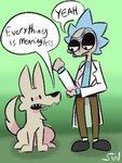 ambiguous_gender blue_hair clothing coat dialogue duo feral green_background hair lab_coat male nihilism simple_background speech_bubble spiky_hair tan_body text toony topwear skylarweston3 adult_swim awoo_(ac_stuart) cartoon_network rick_and_morty rick_sanchez tim_(ac_stuart) canid canine canis human mammal wolf 3:4 english_text