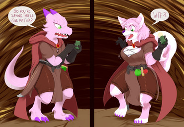 anthro before_and_after belt black_clothing black_gloves black_handwear bottomwear breast_growth breasts candle cape claws clothing female fur gender_transformation gloves green_eyes growth handwear holding_candle holding_object horn looking_down male melee_weapon mtf_transformation pink_body pink_fur potion purple_claws shorts species_transformation surprised sword tail text thick_thighs transformation weapon wide_hips mentalcrash canid kobold mammal scalie 2021 absurd_res english_text hi_res