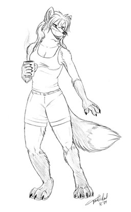 2009 anthro breasts canid canine cleavage clothed clothing conditional_dnp container cup dipstick_tail female fox fur gloves_(marking) hair half-closed_eyes jazmyn jazmyn's_world leg_markings mammal markings monochrome multicolored_tail narrowed_eyes open_mouth shirt socks_(marking) solo tail tail_markings tani_da_real tank_top topwear