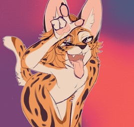 anthro big_ears eyewear gesture glasses hand_gesture loser_gesture male markings open_mouth solo spots spotted_markings wearing_glasses pinkteethh taiko_(h1ndm0st) felid feline mammal serval absurd_res hi_res