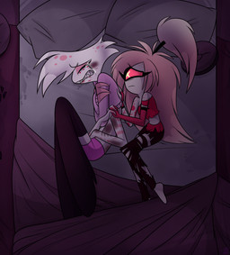 4_arms bed bodily_fluids boots bottomwear bruised bruised_arm bruised_belly bruised_face cartoon_freckles clenched_teeth clothing crossed_arms duo eyelashes eyes_closed female footwear freckled_face freckled_shoulders freckles furniture hair hand_holding hand_on_back high_heeled_boots high_heels legwear long_eyelashes long_hair lying multi_arm multi_limb on_bed on_side pants red_eyes sharp_teeth shoes tear_trough tears teeth thigh_boots thigh_highs torn_bottomwear torn_clothing torn_pants silverart hazbin_hotel hellaverse angel_dust cherri_bomb_(hazbin_hotel) arachnid arthropod cyclops demon demon_humanoid humanoid spider absurd_res colored hi_res