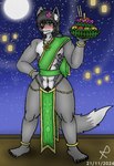 asian_clothing blush bottomwear clothing fur green_clothing green_eyes grey_body grey_fur loincloth male nipples solo text thailand pumopumoshi pumopumoshi_(character) canid canine canis mammal wolf