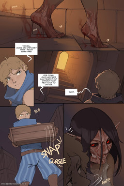 5_fingers black_hair black_sclera blonde_hair blood bodily_fluids clothed clothing dialogue dialogue_box duo female fingers hair humanoid_pointy_ears inside male not_furry pointy_ears red_eyes speech_bubble text arbuzbudesh lady_wolf_(arbuzbudesh) demon elf human humanoid mammal 2026 2:3 colored comic english_text hi_res