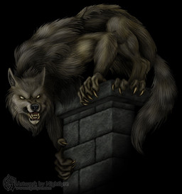 ambiguous_gender angry bared_teeth brown_body brown_fur chimney crouching dark demonic feral fur high_place solo tail teeth nightlyre mythology canid canine canis mammal mythological_canine mythological_creature werecanid werecanine werecreature werewolf wolf digital_media_(artwork) full-length_portrait portrait
