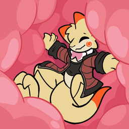 anthro blush bow_tie clothing dipstick_ears dipstick_tail ear_markings endosoma fur internal male markings multicolored_ears red_body red_ear_tips red_fur red_tail_tip safe_vore smile solo_focus tail tail_markings topwear vore yellow_body yellow_fur mysticality nintendo pokemon fan_character abra generation_1_pokemon pokemon_(species) 1:1 2026 animated animated_gif digital_drawing_(artwork) digital_media_(artwork) english_description no_sound short_playtime