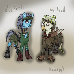alternate_universe beads clothing coat duo female feral footwear gradient_background hair mane metal rust scar serious_face shoes short_hair short_tail simple_background standing tail topwear torn_clothing wings rasmary fallout_equestria hasbro my_little_pony mythology chip_spirit_(rasmary) fan_character kiwi_fruit_(shetu) avian earth_pony equid equine gryphon horse mammal mythological_avian mythological_creature opinicus pony 1:1 2024 full-length_portrait hi_res portrait