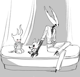 ambiguous_gender anthro blush clothed clothing collared_shirt dress_shirt eyes_closed formal_pants gloves group handwear leaning_on_hand long_coat long_sleeves male shirt sitting slacks topwear trio white_clothing white_gloves white_handwear boopie hollow_knight_(franchise) team_cherry broken_vessel_(hollow_knight) hollow_knight_(character) lost_kin_(hollow_knight) the_knight_(hollow_knight) arthropod vessel_(species) hi_res sibling_(lore)