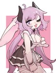 anthro blush breasts clothing eyes_closed female flashing flashing_breasts hair horn long_ears long_hair maid_uniform nipples one_breast_out open_mouth simple_background solo top_pulled_down uniform crayon_(artist) hybrid lagomorph leporid mammal rabbit hi_res