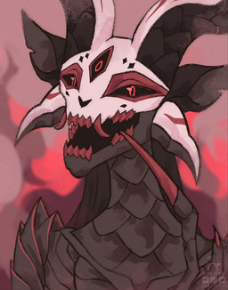 anthro armor black_body black_markings bone claws fangs fantasy female horn markings multicolored_body red_body red_eyes red_markings skull solo teeth white_body ocelotka obscurion alien alien_humanoid arthropod demon humanoid scalie digital_media_(artwork) portrait
