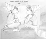 anthro dialogue duo ear_piercing ear_ring eyewear female goggles looking_at_another male open_mouth piercing prosthetic prosthetic_arm prosthetic_limb ring_piercing romantic romantic_couple stripes text whitestia ratchet_and_clank sony_corporation sony_interactive_entertainment ratchet_(ratchet_and_clank) rivet_(ratchet_and_clank) lombax mammal absurd_res comic english_text hi_res monochrome