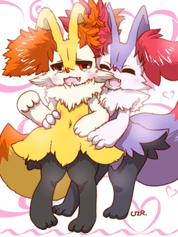 3_fingers 3_toes abstract_background ambiguous_anthro ambiguous_gender anthro arm_tuft big_tail biped black_body black_fur blush bodily_fluids breasts cheek_tuft chest_tuft cute_fangs dipstick_tail duo eyebrows eyelashes eyes_closed facial_tuft fangs featureless_breasts feet female female_anthro fingers fluffy fluffy_tail front_view fur half-closed_eyes hand_on_hip hands_on_another's_hips heart_symbol hip_tuft inner_ear_fluff looking_at_viewer markings multicolored_body multicolored_fur narrowed_eyes navel nude nude_ambiguous nude_anthro nude_female open_:3 open_mouth open_smile orange_body orange_eyes orange_fur orange_inner_ear_fluff orange_nose orange_tail_tip pointy_ears prick_ears purple_body purple_fur purple_tail red_body red_fur red_inner_ear_fluff red_nose red_tail_tip shoulder_tuft simple_background small_breasts smile snout standing tail tail_markings tears teeth thick_eyelashes tickling tickling_sides toes tuft two_tone_tail white_background white_body white_fur yellow_body yellow_fur yellow_tail quail_00n0 nintendo pokemon braixen canid generation_6_pokemon mammal pokemon_(species) shiny_pokemon 2021 3:4 cel_shading colored digital_drawing_(artwork) digital_media_(artwork) japanese_description shaded female_(lore)