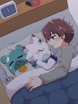 anthro bed blush brown_hair cuddling furniture green_eyes group hair male sleeping smile trio white_body mstdndkkkkk bandai_namco digimon digimon_ghost_game hiro_amanokawa digimon_(species) espimon gammamon human mammal 3:4